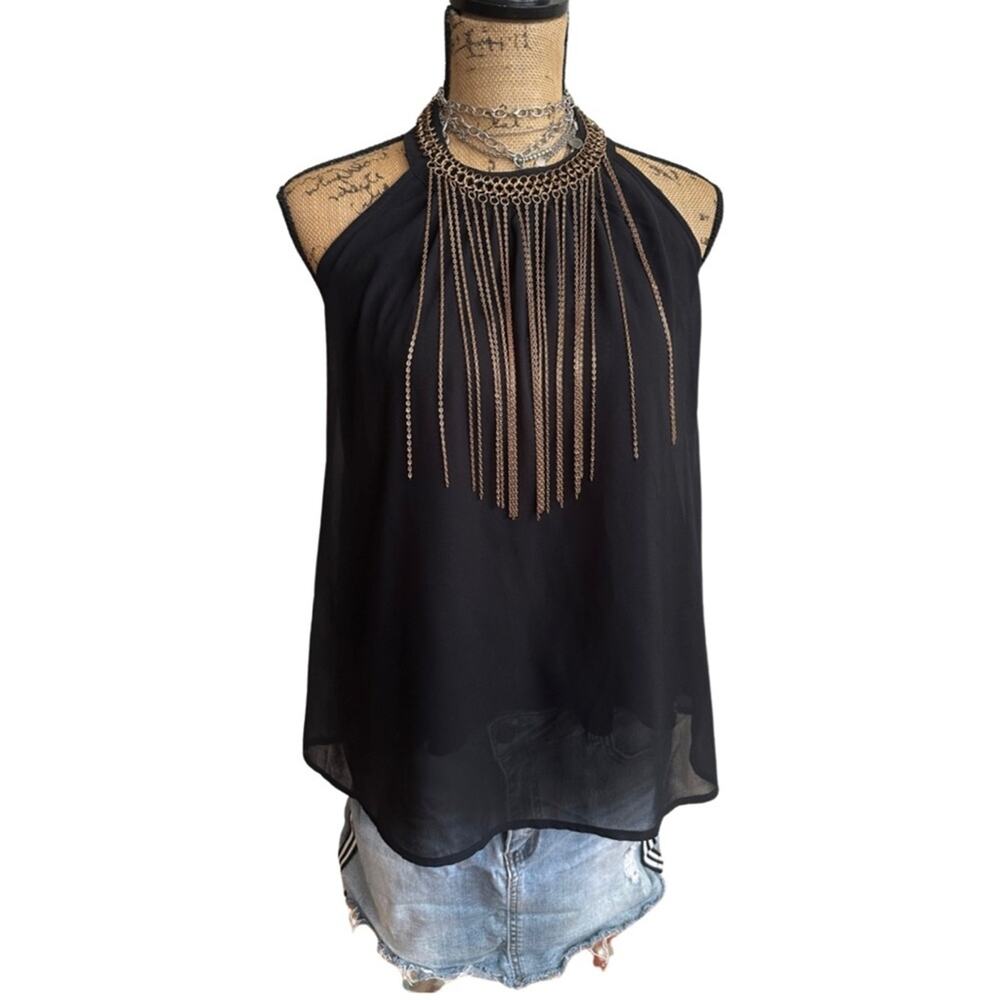LOVE CULTURE women black top with detailed golden strand on neckline SZ MEDIUM